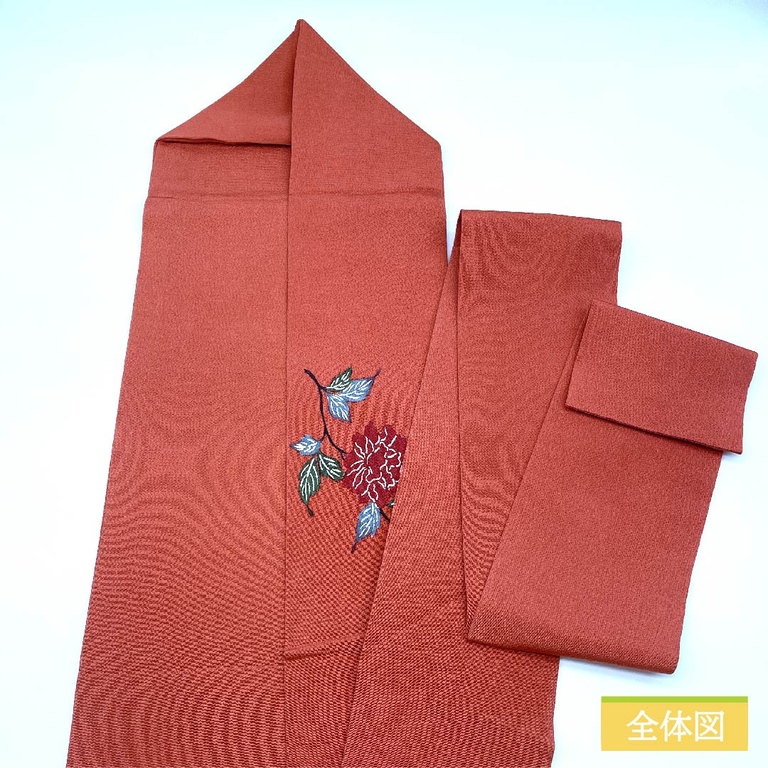 名古屋帯 正絹 似紅色(にせべにいろ) 扇 花 ちりめん 帯丈369cm Sランク ポイント柄 カジュアル 赤系 1124006402312 名古屋仕立て