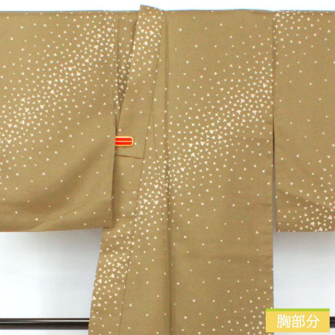 小紋 ポリエステル 身丈156cm 裄丈66.5cm 袷 古茶色(ふるちゃいろ) 洗える着物 扇 Sランク 緑系 1115004602319