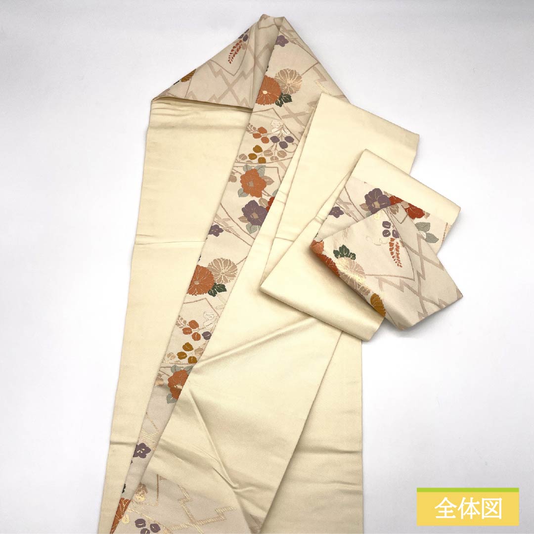 Nagoya Obi, Off-White (Kinari-iro), Fan Pattern, Chrysanthemum, and Camellia Design, 351cm Long, Pure Silk, Grade B, Six-Ply, Semi-Formal, Cream-Tone, Item Number: 1124008924315, Nagoya Style