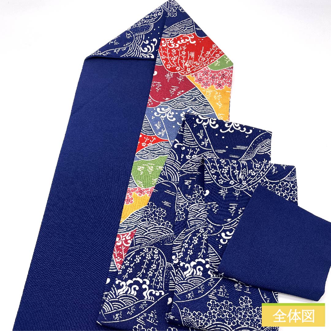 名古屋帯 紺瑠璃色 京紅型 遠山柄 桜 帯丈351cm 正絹 Sランク ポイント柄 カジュアル 青系 1124005472317 名古屋仕立て