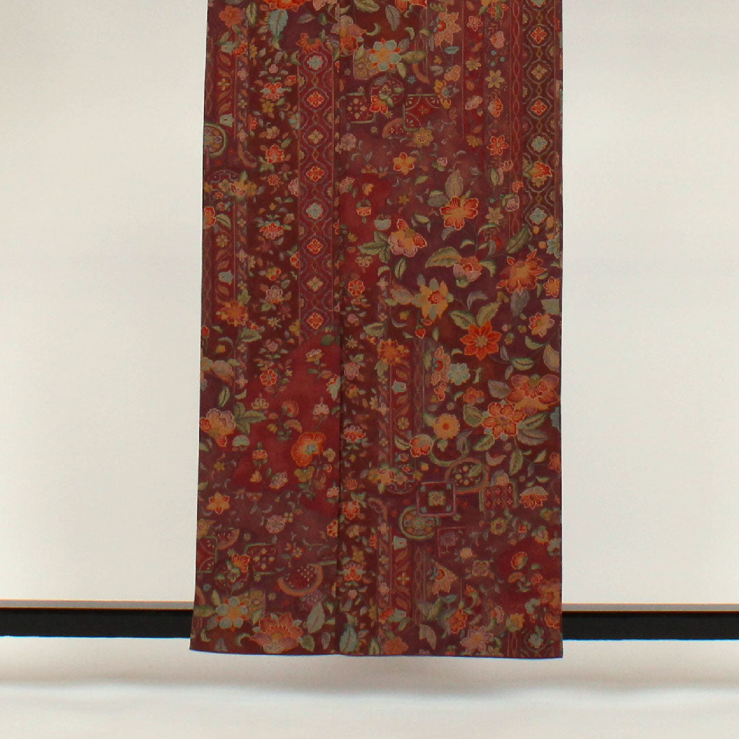 小紋 身丈160cm 裄丈64cm 袷 洗える着物 更紗柄 ポリ Aランク 茶系 1115000223314