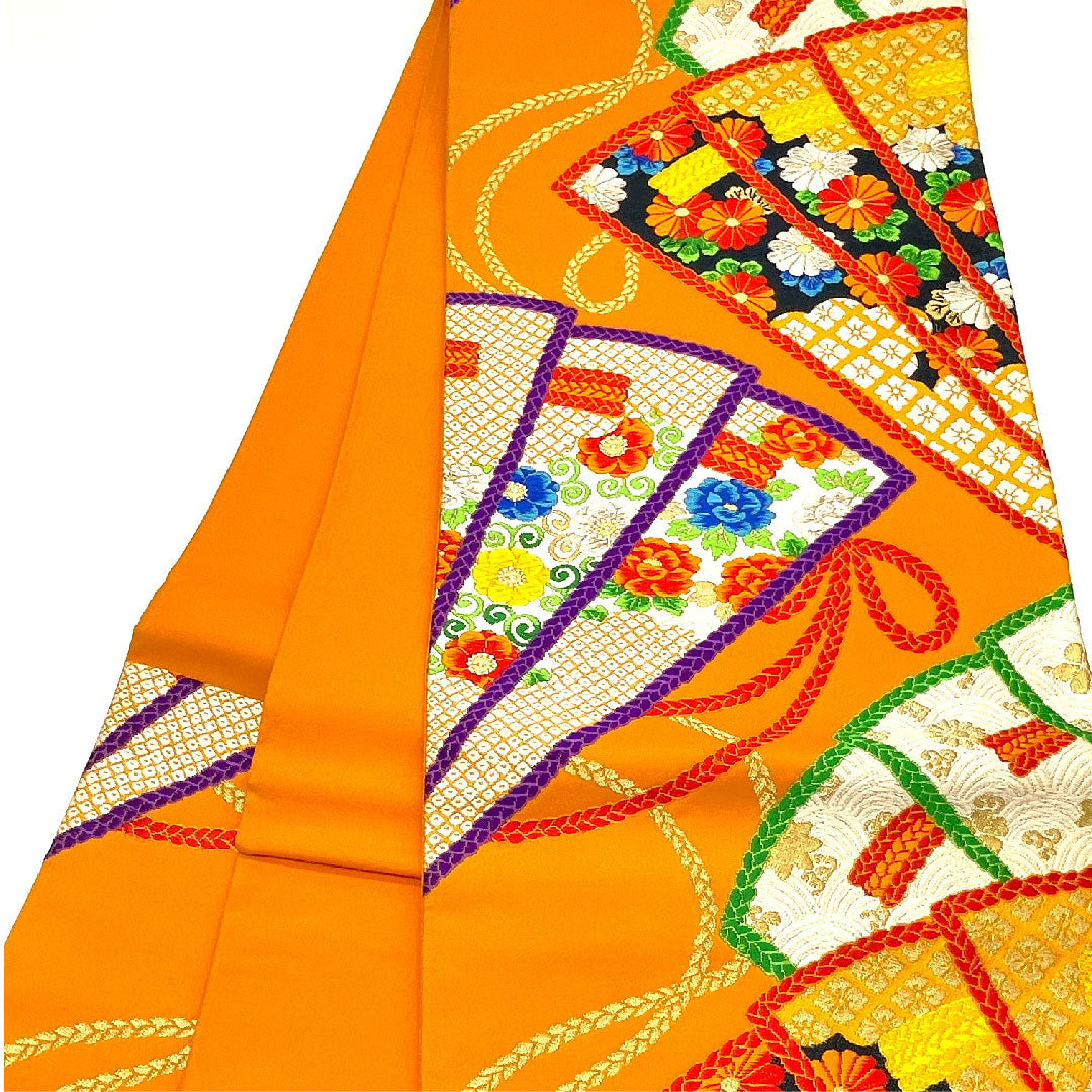 袋帯 扇 振袖用 唐花模様 帯丈428cm 正絹 Sランク 六通 フォーマル 朱系 1123003432316