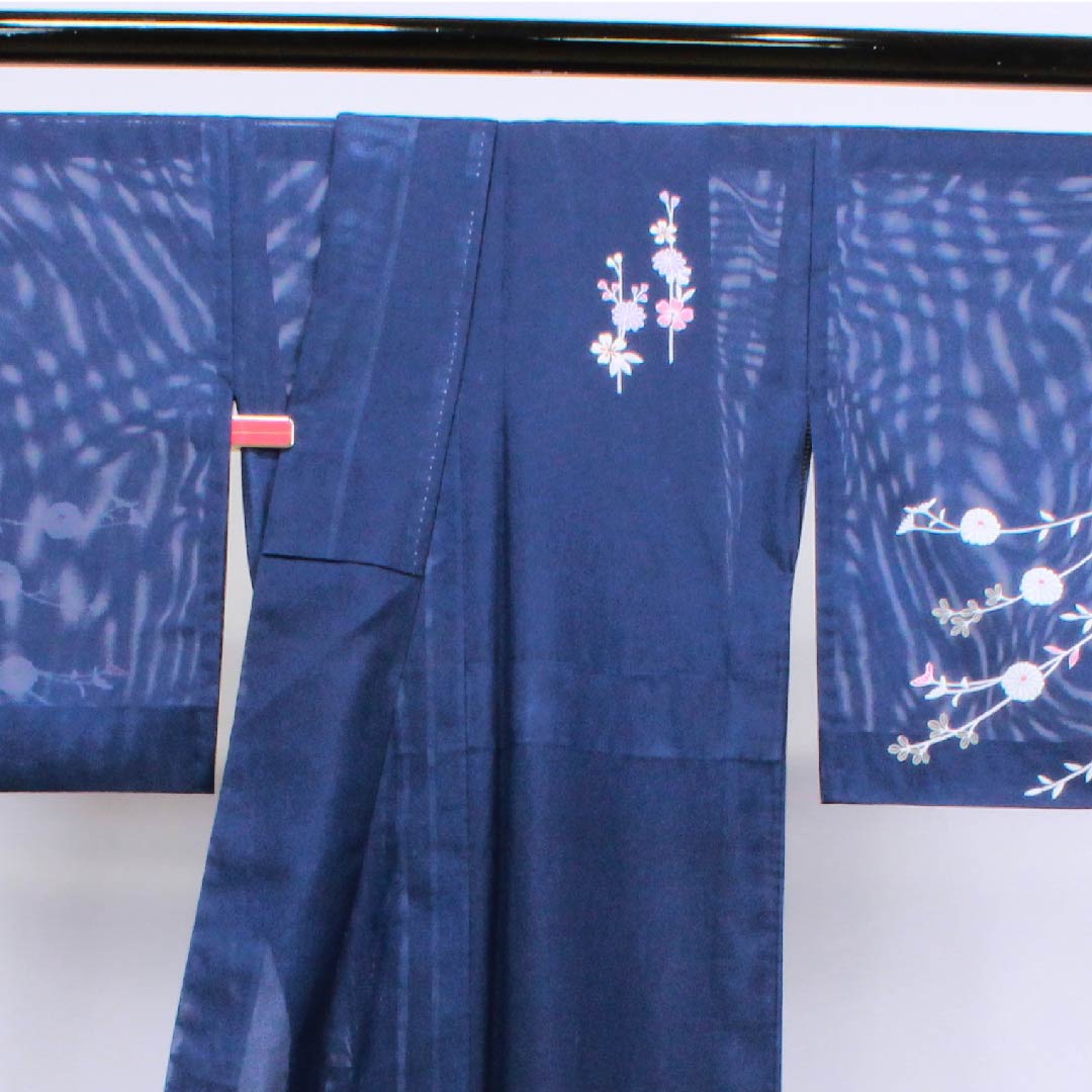 夏物 ポリエステル 訪問着 身丈156.5cm 裄丈65cm 濃紺色(のうこんいろ)菊 絽 Sランク 紺系 1132000102318