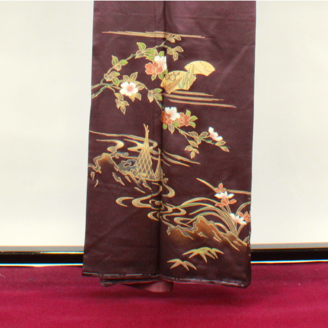 訪問着 袷 身丈160.5cm 裄丈65cm しつけ糸付き 深紫色 京友禅 草花模様 正絹 Aランク 紫系 1112002413420