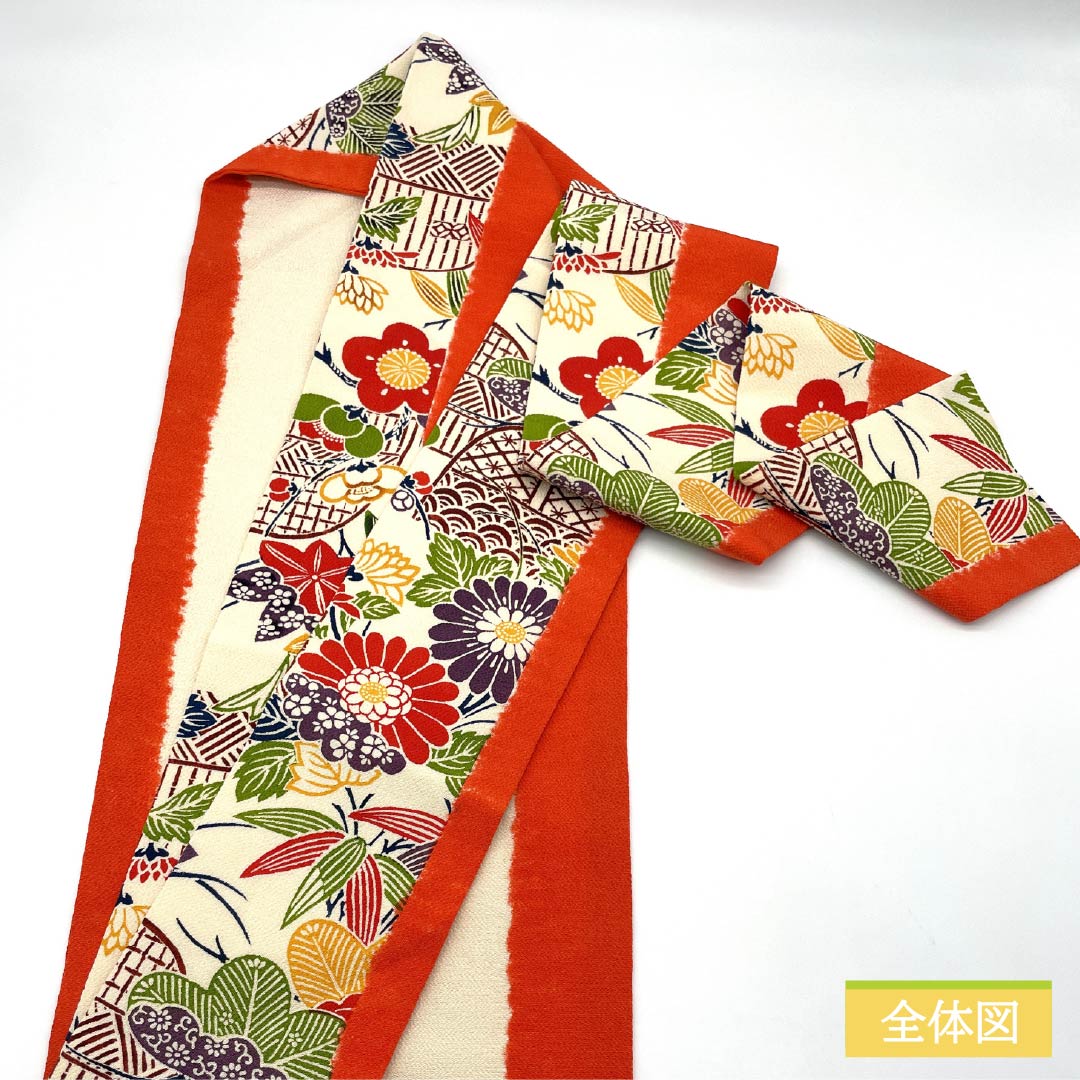 名古屋帯 京緋色(きょうひいろ) 京紅型 ちりめん地 菊 帯丈353cm 正絹 Sランク 全通 カジュアル 橙系 1124007632326 名古屋仕立て