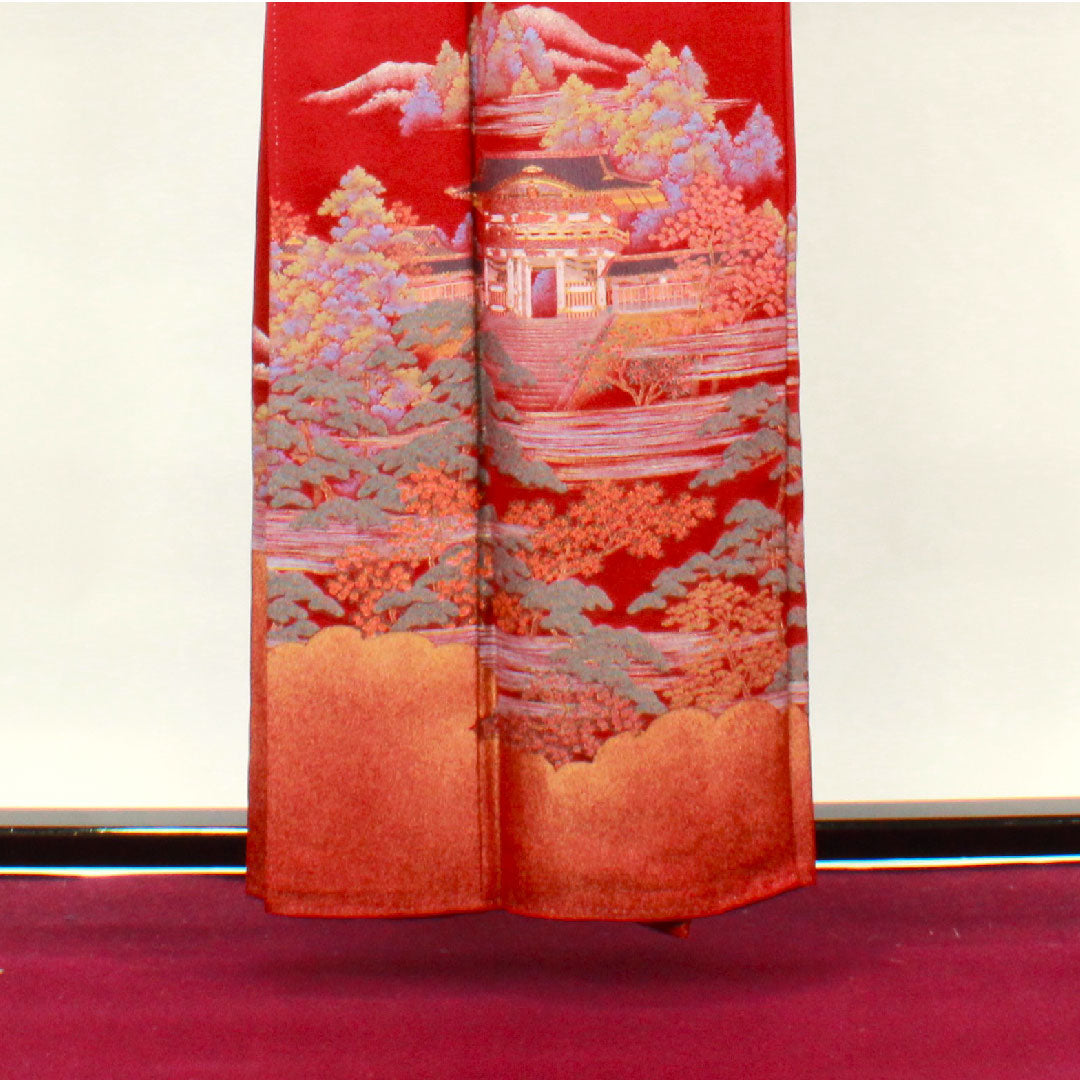 色留袖 身丈157cm 裄丈64.5cm 袷 しつけ糸付き 深緋色 寿光織 丸に剣片喰 正絹 Sランク 一つ紋 赤系 1111000782312