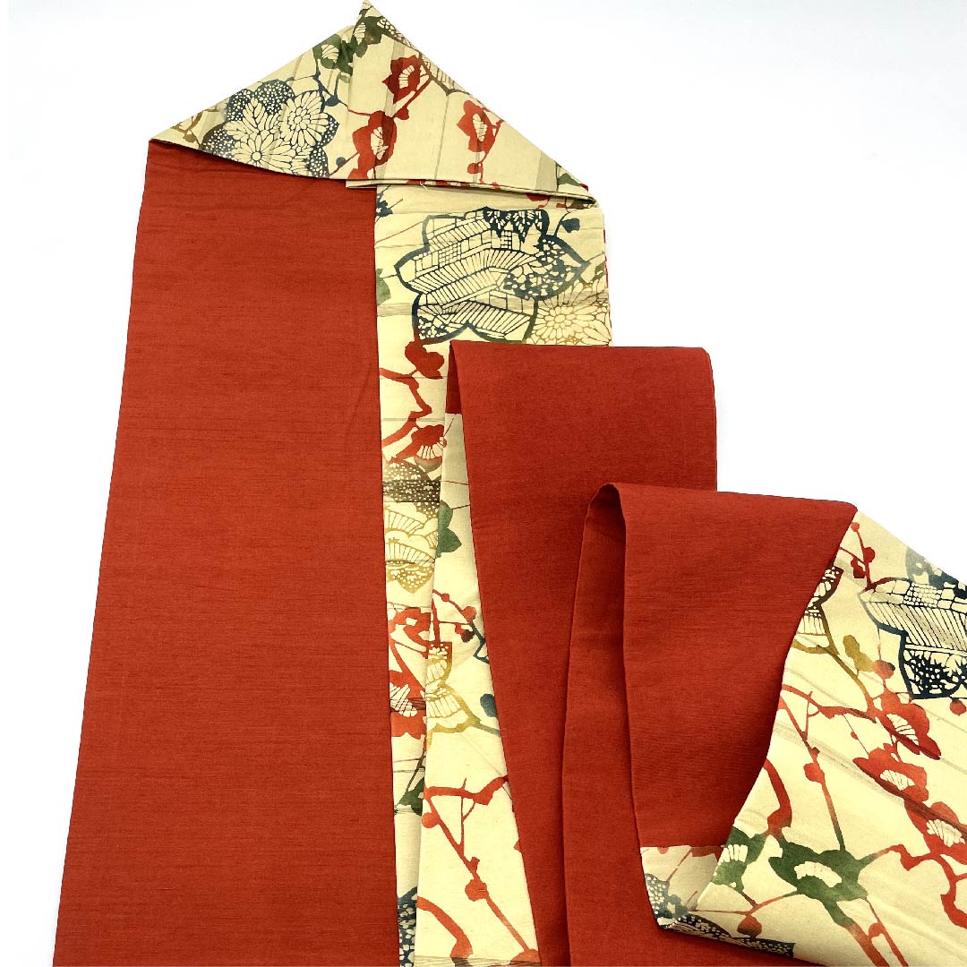 Nagoya obi, fish roe yellow, autumn leaves, pine, bamboo and plum, retro, obi length 376cm, pure silk, S rank, six-pass, casual, beige, 1124004742325, Nagoya style