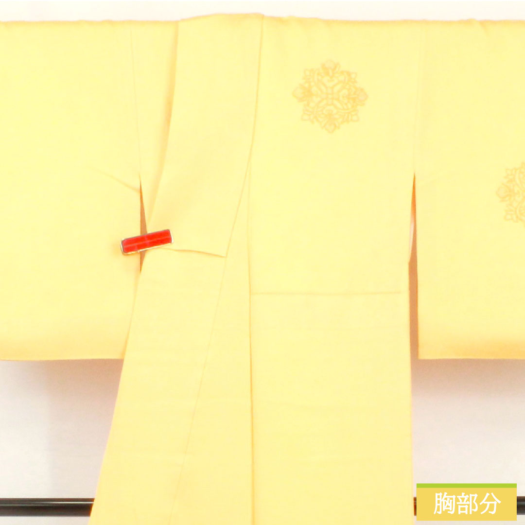 Homongi, pure silk, lined, length 159.5cm, sleeve length 61cm, light tangerine color, Sagara embroidery, floral pattern, one crest, quince, S rank, yellow, 1112005082323