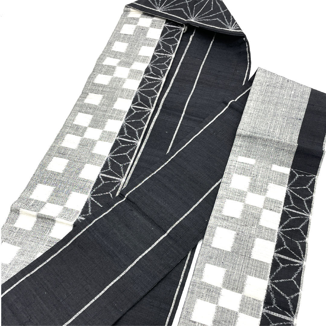 名古屋帯 麻の葉 市松 紬地 本真綿帯丈355cm 正絹 Aランク 六通 カジュアル 黒系 1124001553310 名古屋仕立て