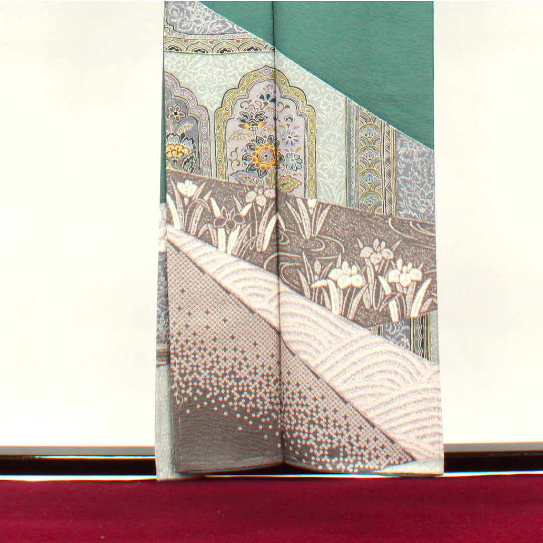 Homongi, lined, length 156.5cm, sleeve length 65cm, unused, Fukagawa Onado color, chintz pattern, with basting thread, pure silk, S rank, green, 1112002102319