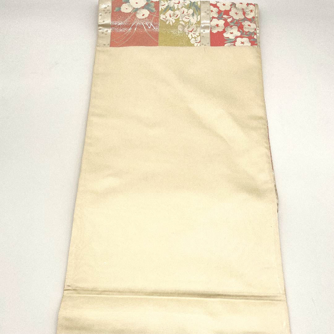 袋帯 胡粉色(ごふんいろ) 古典花 流水 鶴 帯丈428cm 正絹 Sランク 六通 フォーマル 白系 1123002772311
