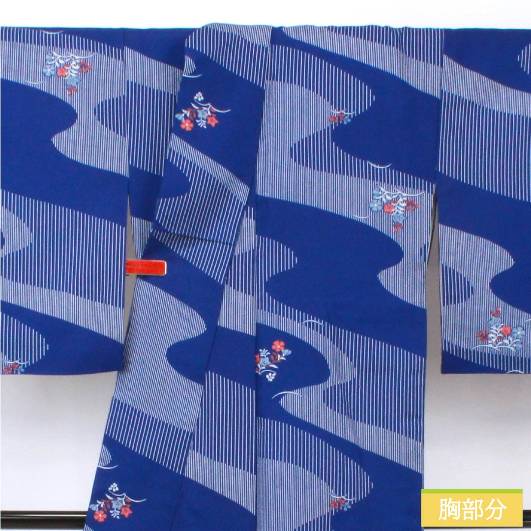 小紋 ポリエステル Sランク 身丈162cm 裄丈65.5cm 袷 瑠璃色(るりいろ) 流水 花 洗える着物 青系 1115007512417