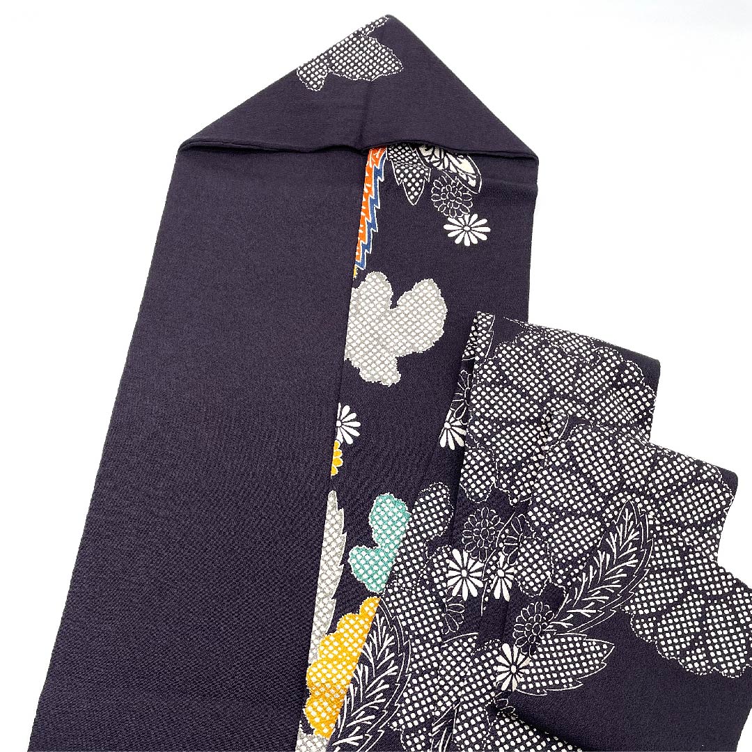 名古屋帯 紫黒色 京紅型 栗山工房 花柄 帯丈372cm 正絹 Sランク ポイント柄 カジュアル 紫系 1124005222320 名古屋仕立て