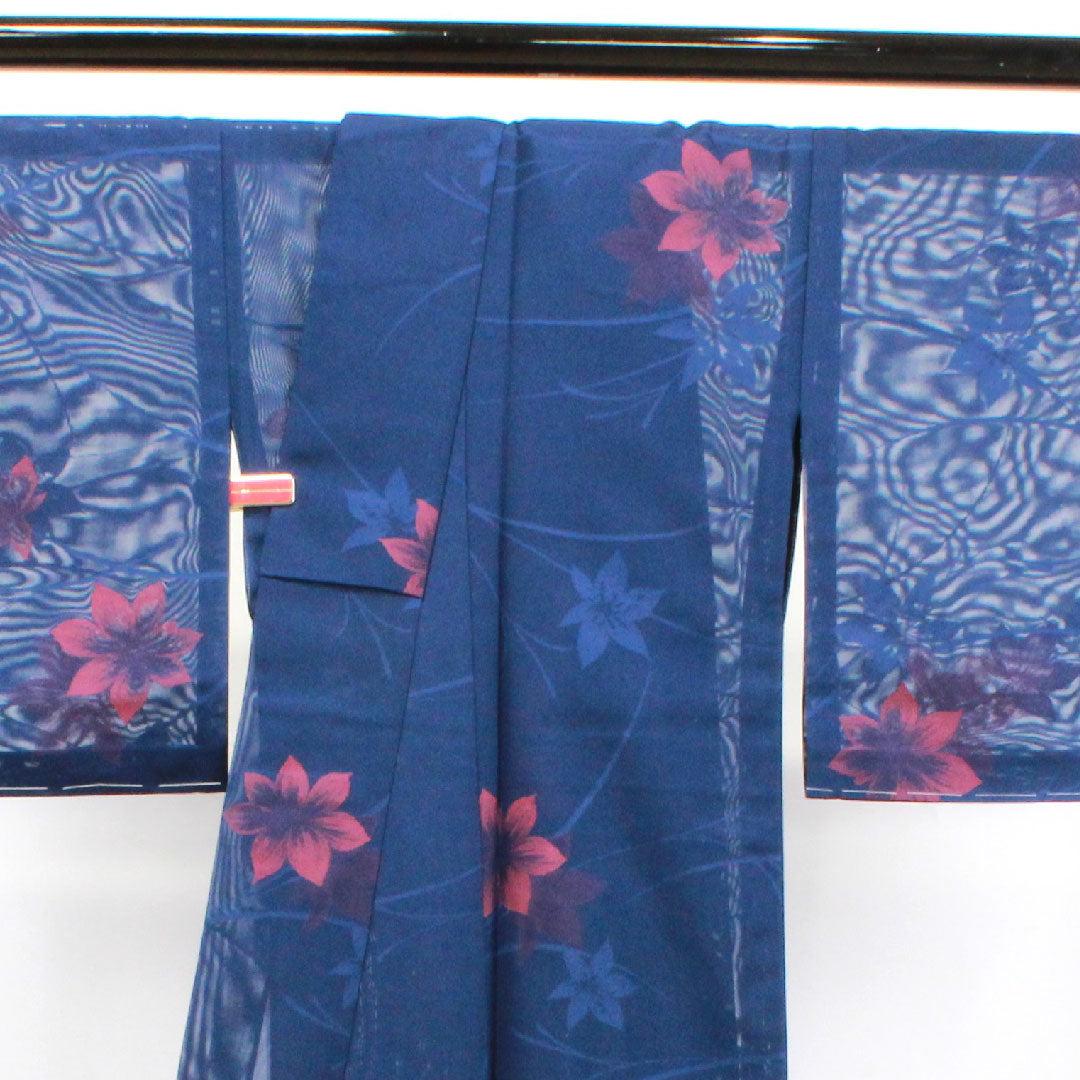 夏物 正絹 小紋 身丈168cm 裄丈63.5cm 紺桔梗色(こんききょういろ) 草花模様 しつけ糸付き 未使用品 紗 Sランク 紺系 1132001282518