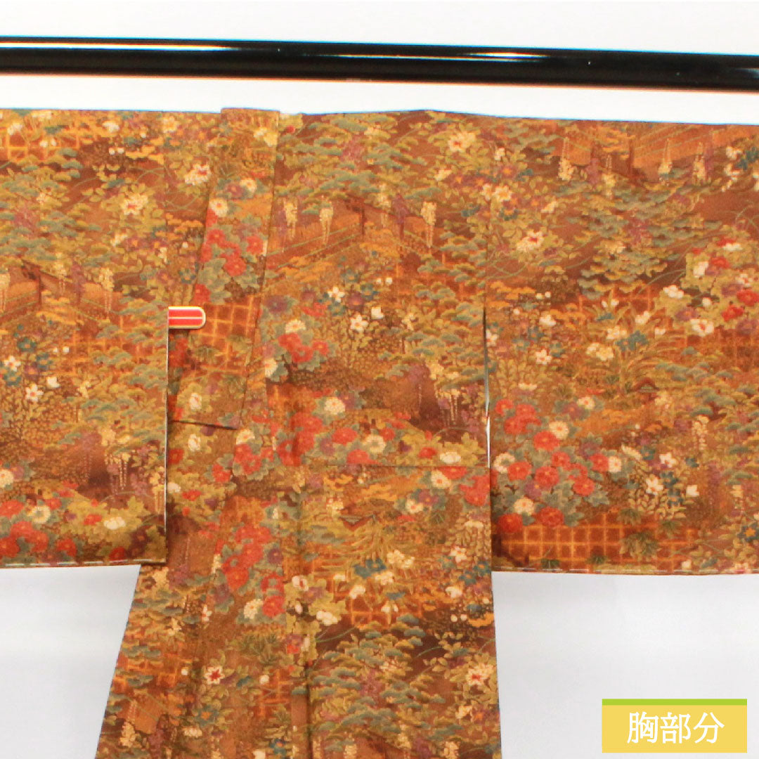 Komon, pure silk, length 140cm, sleeve length 60.5cm, lined, dark brown, floral pattern, basting thread included, unused, S rank, brown, 1115003732114