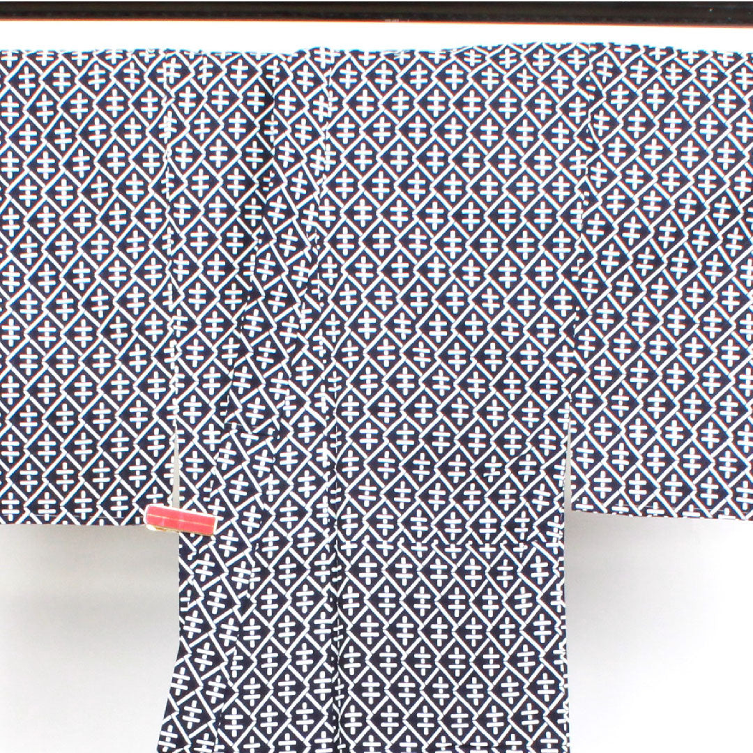 浴衣 男物 幾何学模様 木綿 Bランク 単衣 身丈150cm 裄丈70cm 紺系 1118001614118