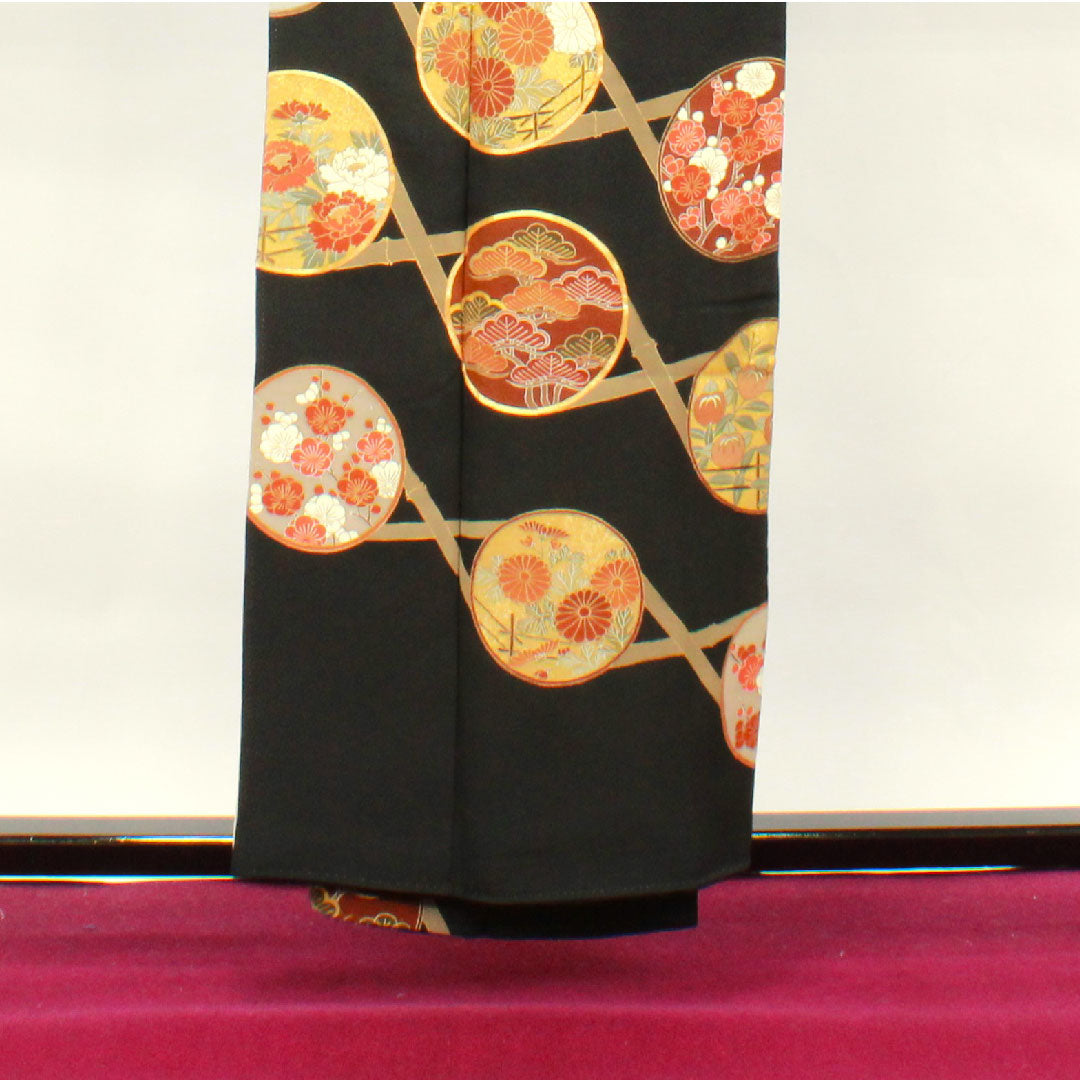 黒留袖 身丈156.5cm 裄丈61cm 袷 京友禅 松竹梅 木瓜 正絹 Sランク 五つ紋 黒系 1111000682310