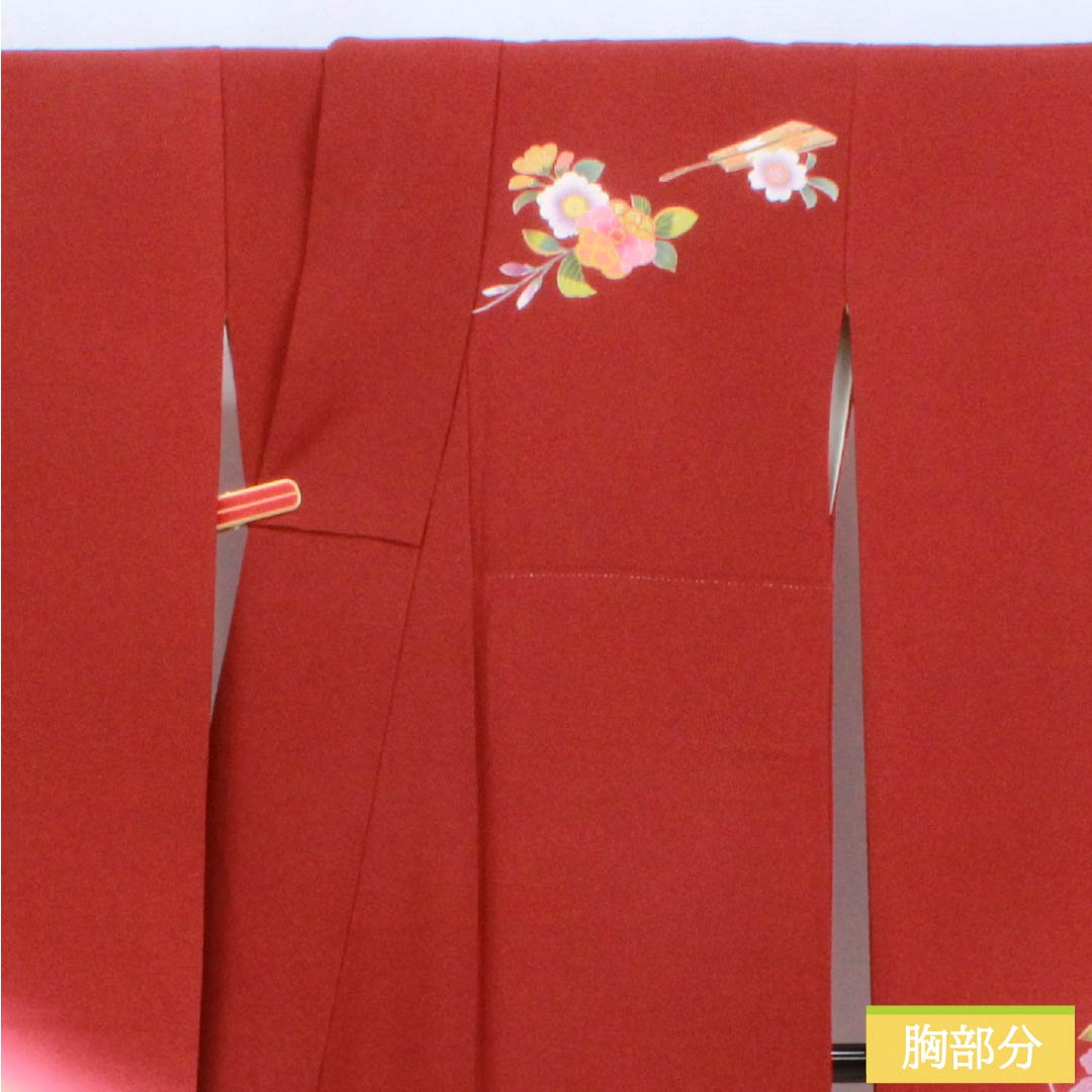 Kimono (Furisode) - S Rank - Pure Silk - Length 155.5cm - Sleeve Length 64.5cm - Lined - Shoenji-iro (Deep Crimson) - Kyo Yuzen - Imperial Carriage & Floral Patterns - Gold Couching Embroidery - Red - 1113002902312
