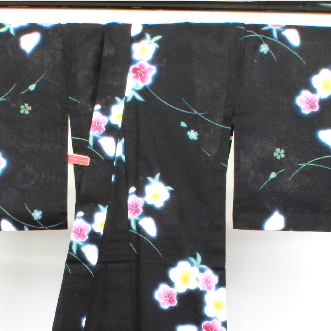 浴衣 桜 木綿 Sランク 単衣 身丈168cm 裄丈67.5cm 黒系 1118002092510