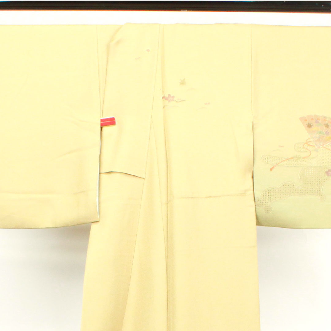 訪問着 袷 身丈152cm 裄丈63cm 枯野色 汕頭刺繡 蘇州刺繡 御所車 正絹 Sランク ベージュ系 1112002752225