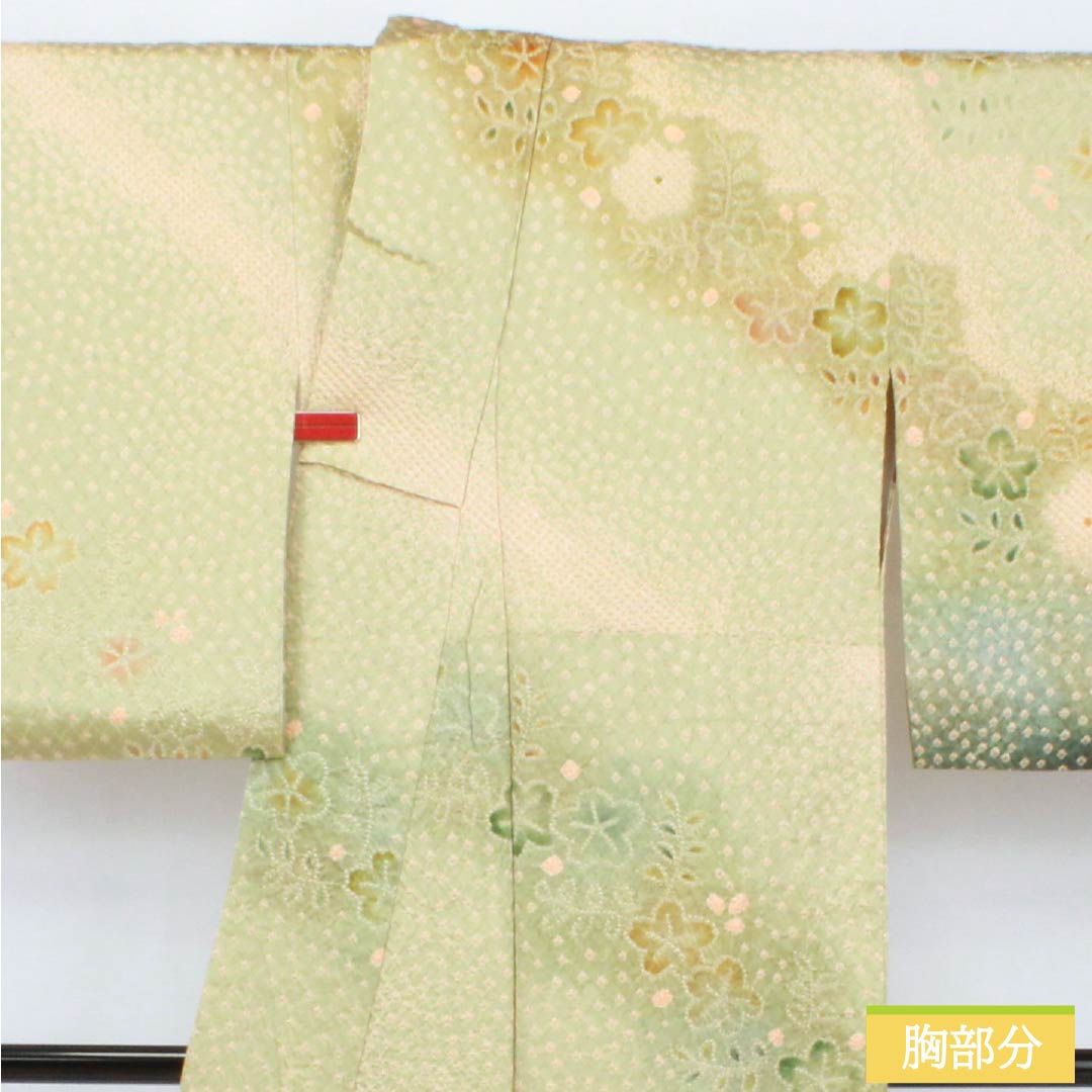 訪問着 正絹 Bランク 袷 身丈160.5cm 裄丈65.5cm 硫黄色(いおういろ) 総絞り 草花 緑系 1112007444419