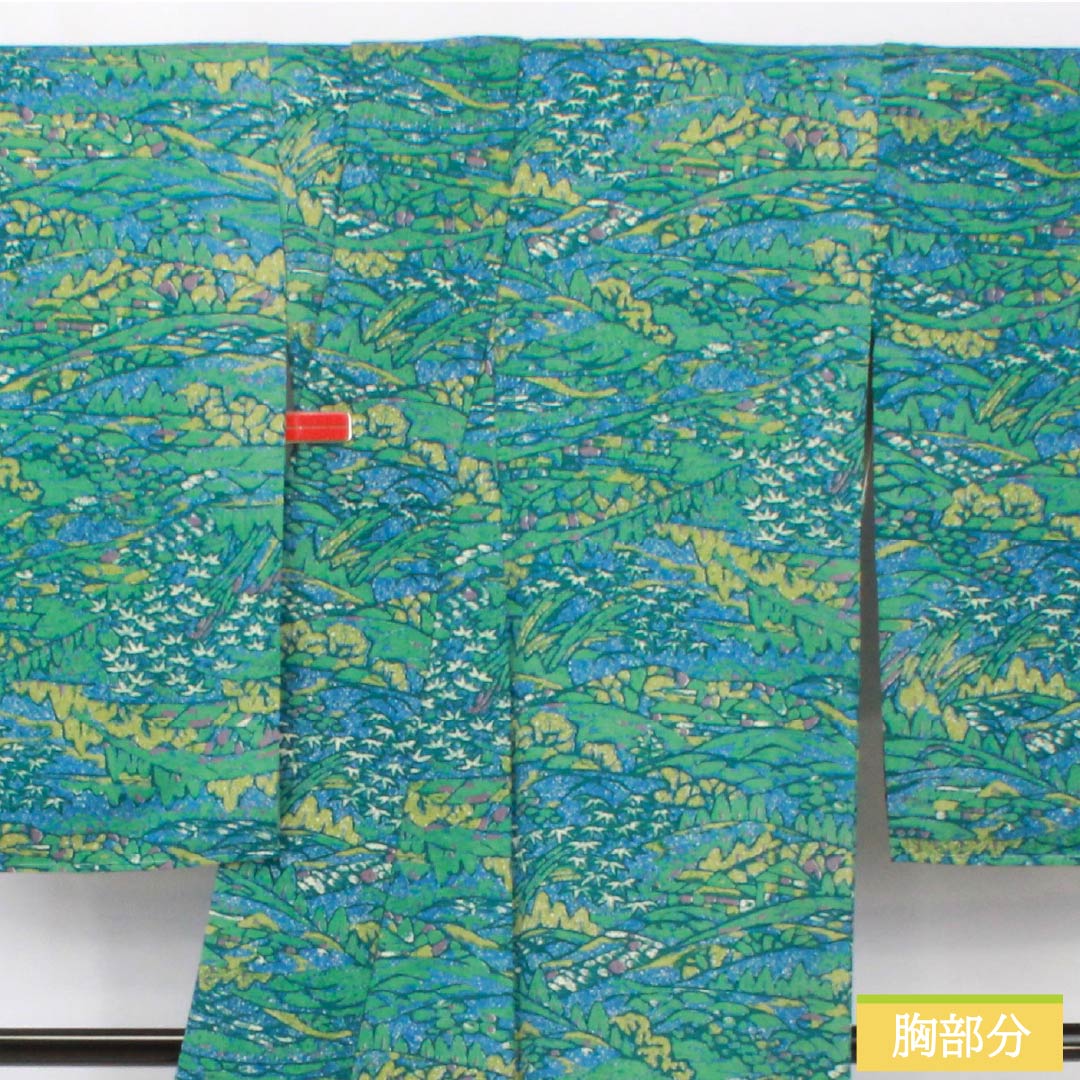 小紋 正絹 身丈164.5cm 裄丈68cm 袷 露草色(つゆくさいろ) 型染 風景絵画調 しあわせガード Sランク 青系 1115005422417