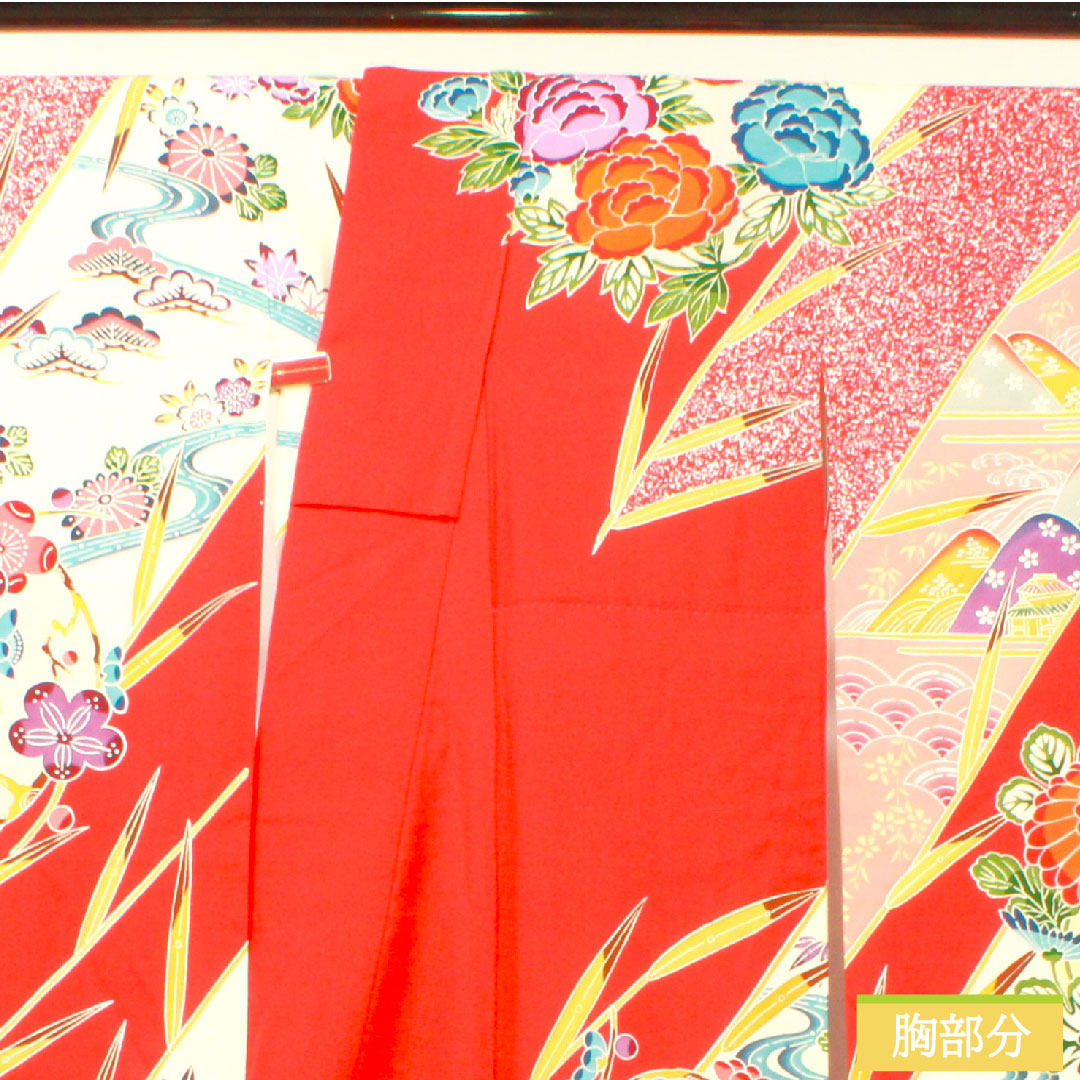 Furisode (long-sleeved kimono) made of pure silk, length 161.5cm, sleeve length 62.5cm, lined, old Turkish red, auspicious motif, A rank, red, 1113002023412