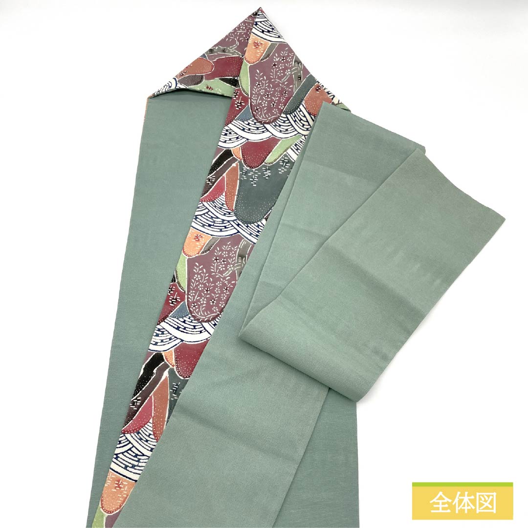 名古屋帯 正絹 Aランク 豆青色(とうせいいろ) 型染 紅型調 遠山 帯丈350cm 六通 カジュアル 緑系 1124010473319 名古屋仕立て
