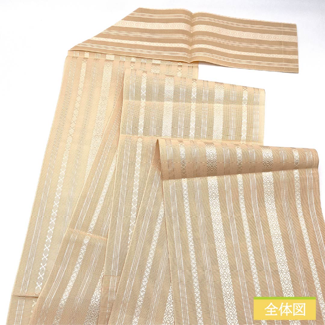 名古屋帯 薄肉色(うすにくいろ) 夏帯 博多織 献上柄 帯丈359cm 正絹 Sランク 全通 カジュアル クリーム系 1124008652315 松葉仕立て