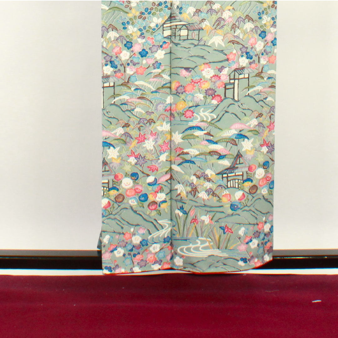 訪問着 袷 身丈155.5cm 裄丈62cm 沈香茶色 型染 茶屋辻 草花模様 正絹 Aランク グレー系 1112001783322