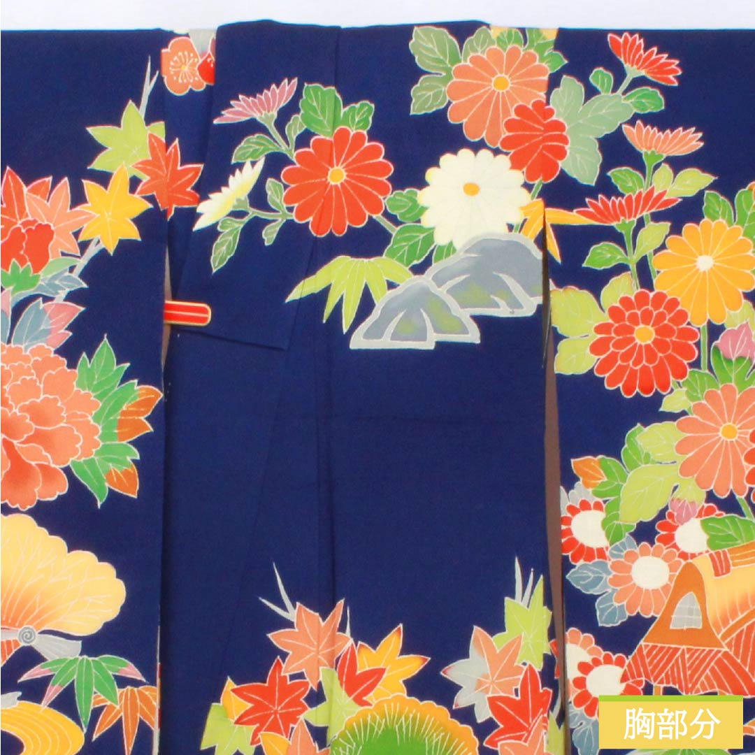 振袖 正絹 Aランク 身丈153cm 裄丈60.5cm 袷 型染 吉祥文様 梅 菊 ちりめん地 重ね衿付き 青系 1113002233217