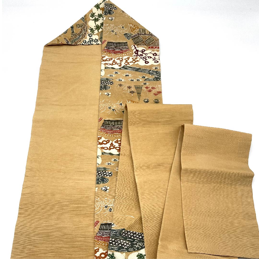 Nagoya obi, light withered leaf color, crepe fabric, floral, butterfly, bird pattern, obi length 353cm, pure silk, A rank, six-pass, casual, beige, 1124004723325, Nagoya style