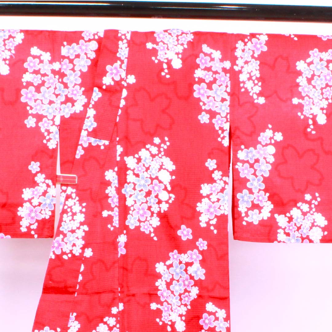 浴衣 土耳古赤色 梅 桜 木綿 Sランク 単衣 身丈165cm 裄丈65.5cm 赤系 1118004232512