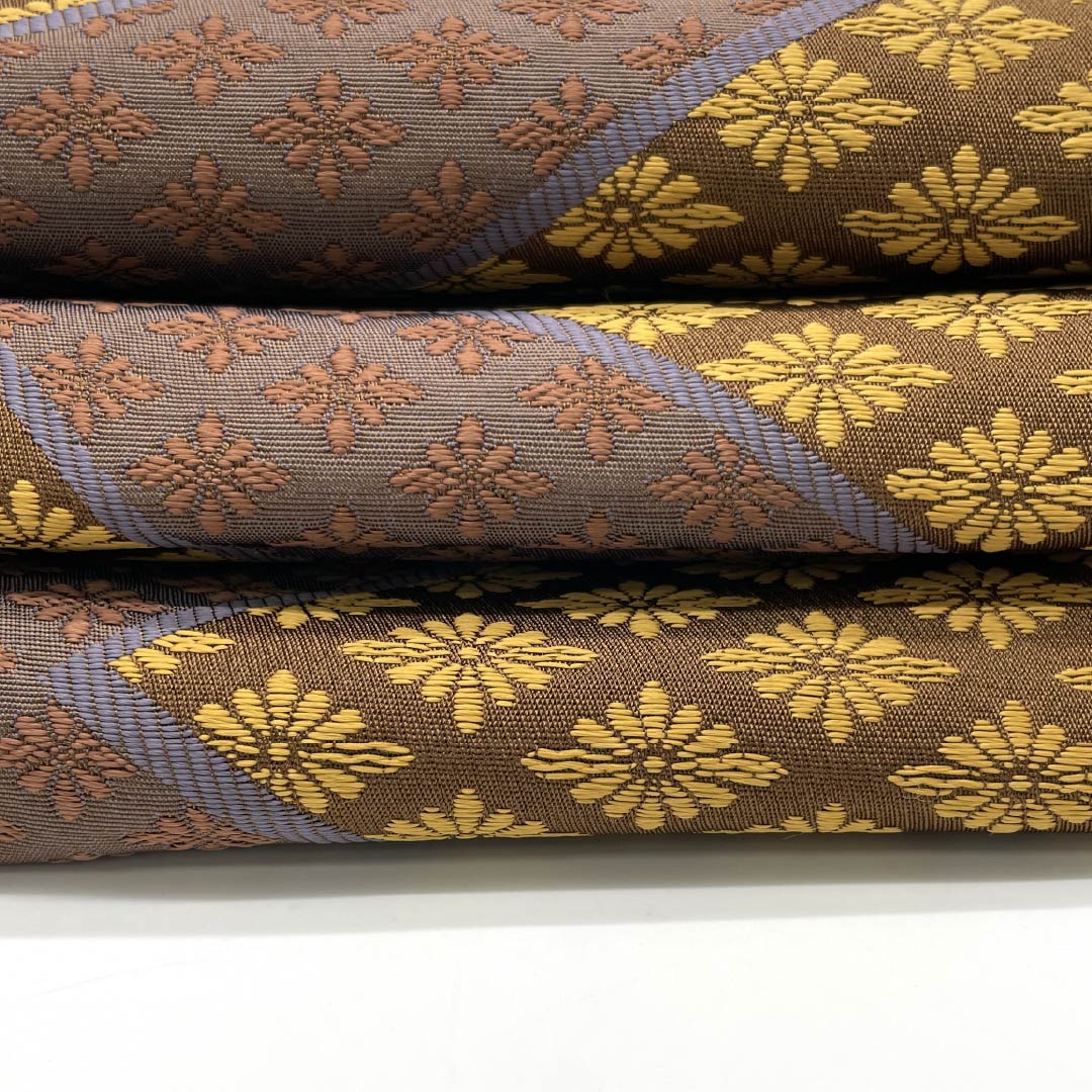 (Unmade) Half-width obi, polyester, Yokan color, Kikubishi pattern, obi length 400cm, brown, S rank, 1125001772414
