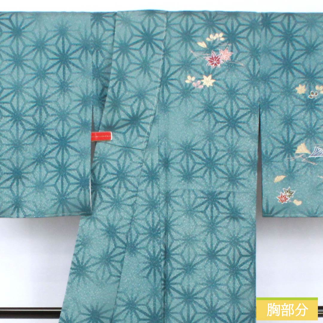 Homongi (formal kimono) made of polyester, lined, length 157cm, sleeve length 62cm, indigo brown, washable, hemp pattern, small pattern scattered, with basting thread, S rank, blue, 1112006052317