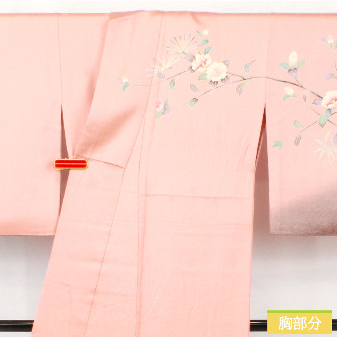 訪問着 正絹 袷 身丈163.5cm 裄丈64.5cm 浅紅色(あさべにいろ) 京友禅 松竹梅 椿 Aランク ピンク系 1112005543413