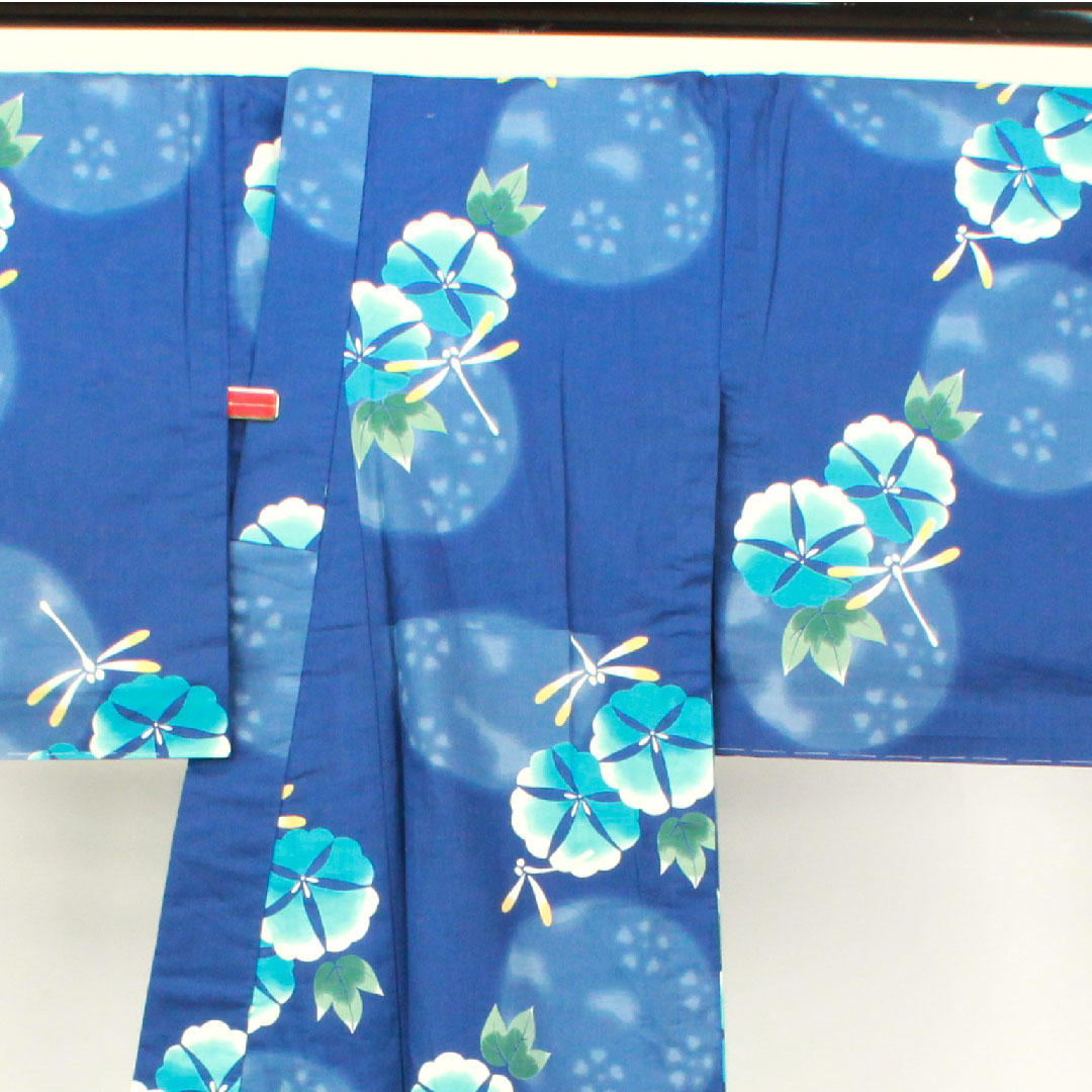 浴衣 しつけ糸付き 未使用品 紺瑠璃色 トンボ 朝顔 木綿 Sランク 単衣 身丈163.5cm 裄丈67.5cm 紺系 1118002202418