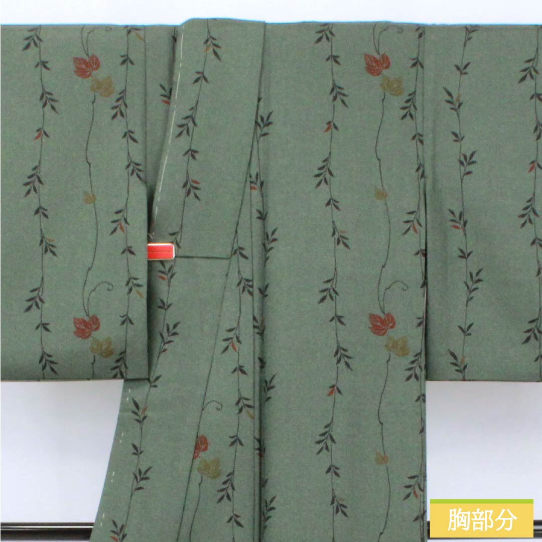Komon Polyester S-rank length 164.5cm sleeve length 62cm unlined Shima-matsunezu-iro (dark gray with a hint of green) stenciled grass and leaves, with hip lining, green family 1115007992419