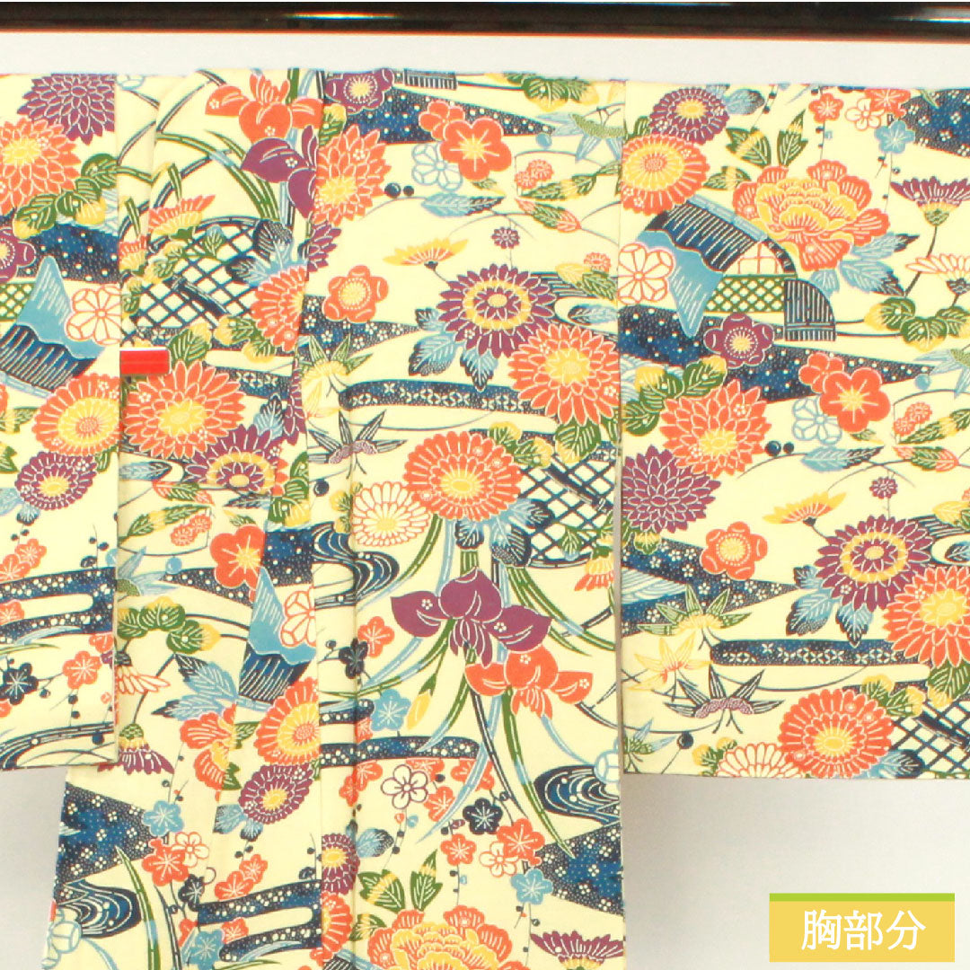 小紋 正絹 身丈155cm 裄丈62.5cm 袷 淡黄蘗色(うすきはだいろ) 京紅型 紬地 草花模様 Sランク クリーム系 1115004352315