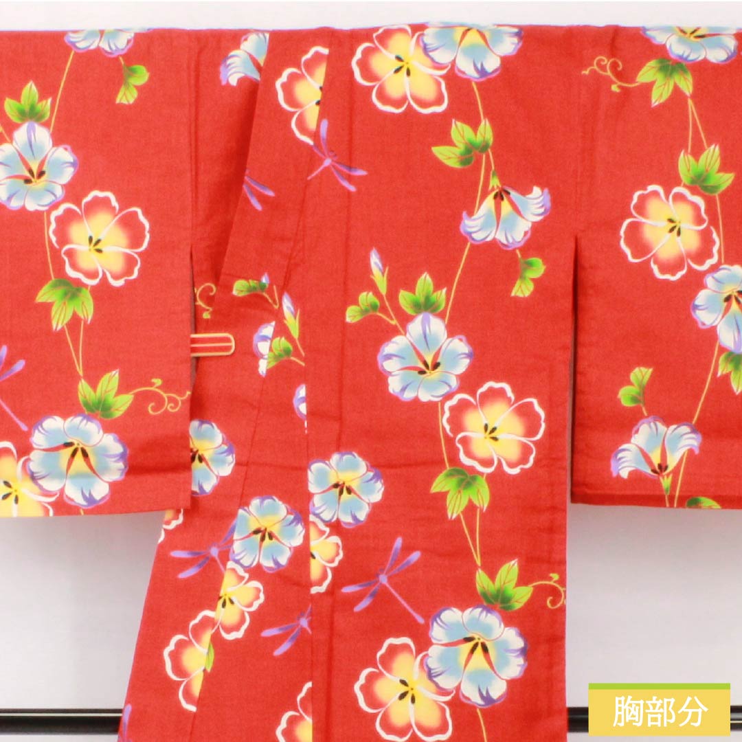 浴衣 木綿 身丈164.5cm 裄丈67.5cm Sランク 単衣 赤系 辰砂色(しんしゃいろ) ハイビスカス トンボ 1118005402412