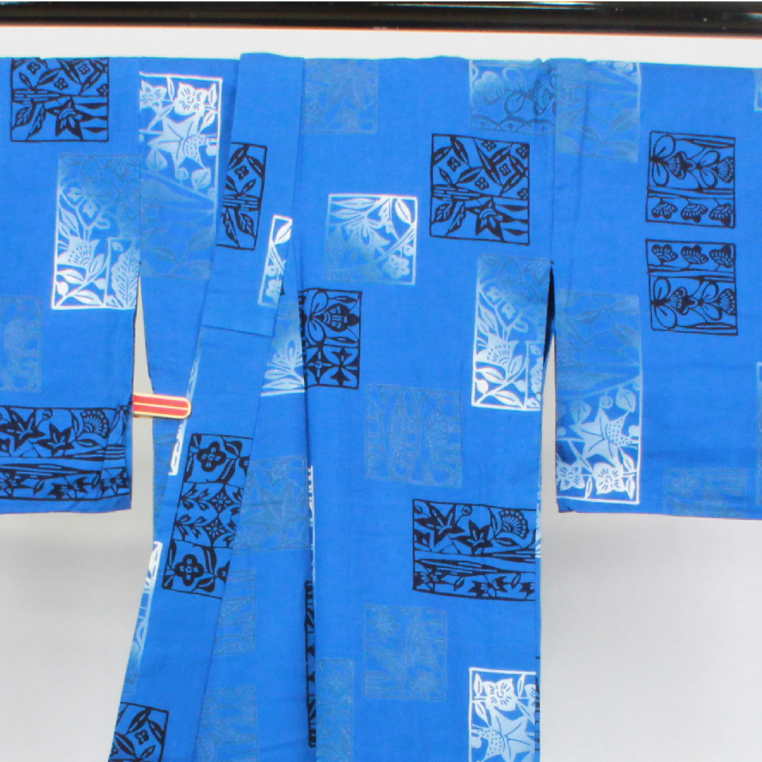 浴衣 碧瑠璃色 抽象模様 木綿 Sランク 単衣 身丈159cm 裄丈66.5cm 青系 1118002422317