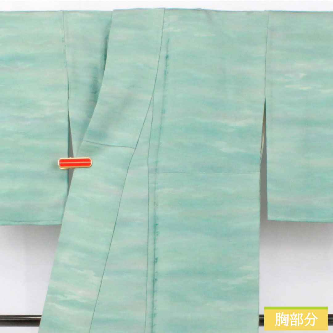 色無地 正絹 身丈156cm 裄丈64cm 砧青磁色(きぬたせいじいろ) 天蚕糸 丹後ちりめん 一つ紋 袷 Sランク 青系 1114001572317
