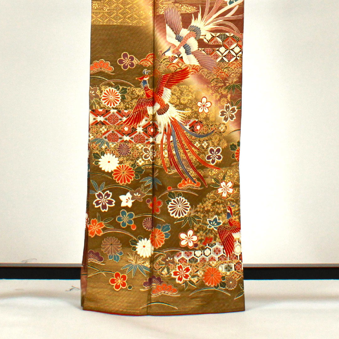 訪問着 袷 身丈165.5cm 裄丈68cm 京友禅 鳳凰 吉祥文様 正絹 Aランク 茶系 1112001063514