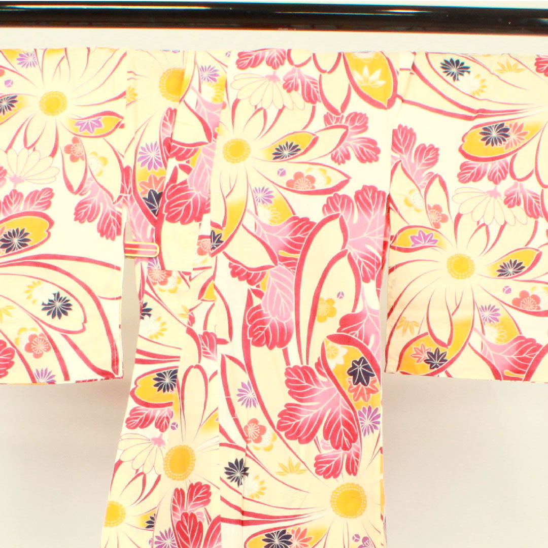 Yukata Flower Pattern Cotton S Rank Single Layer Length 162cm Sleeve Length 65.5cm White 1118001152411