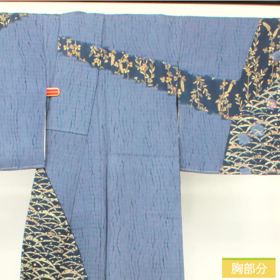 訪問着 正絹 袷 身丈155cm 裄丈62cm 江戸納戸色 京友禅 絞り しつけ糸付き 未使用品 Sランク 青系 1112003872317