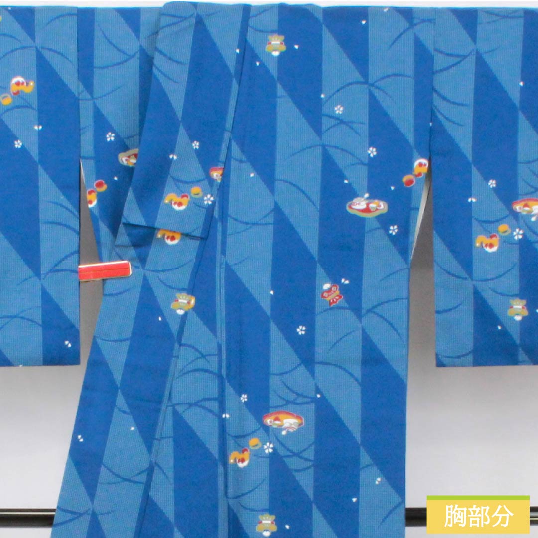 小紋 ポリエステル 身丈166cm 裄丈67cm 袷 紺青色(こんじょういろ) レトロ模様 洗える着物 Sランク 青系 1115005922517