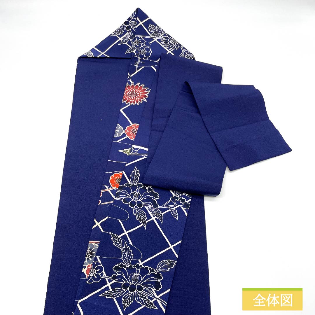 名古屋帯 紺瑠璃色(こんるりいろ) 型染 ちりめん地 斜め格子 帯丈364cm 正絹 Cランク 全通 カジュアル 紺系 1124007865318 名古屋仕立て