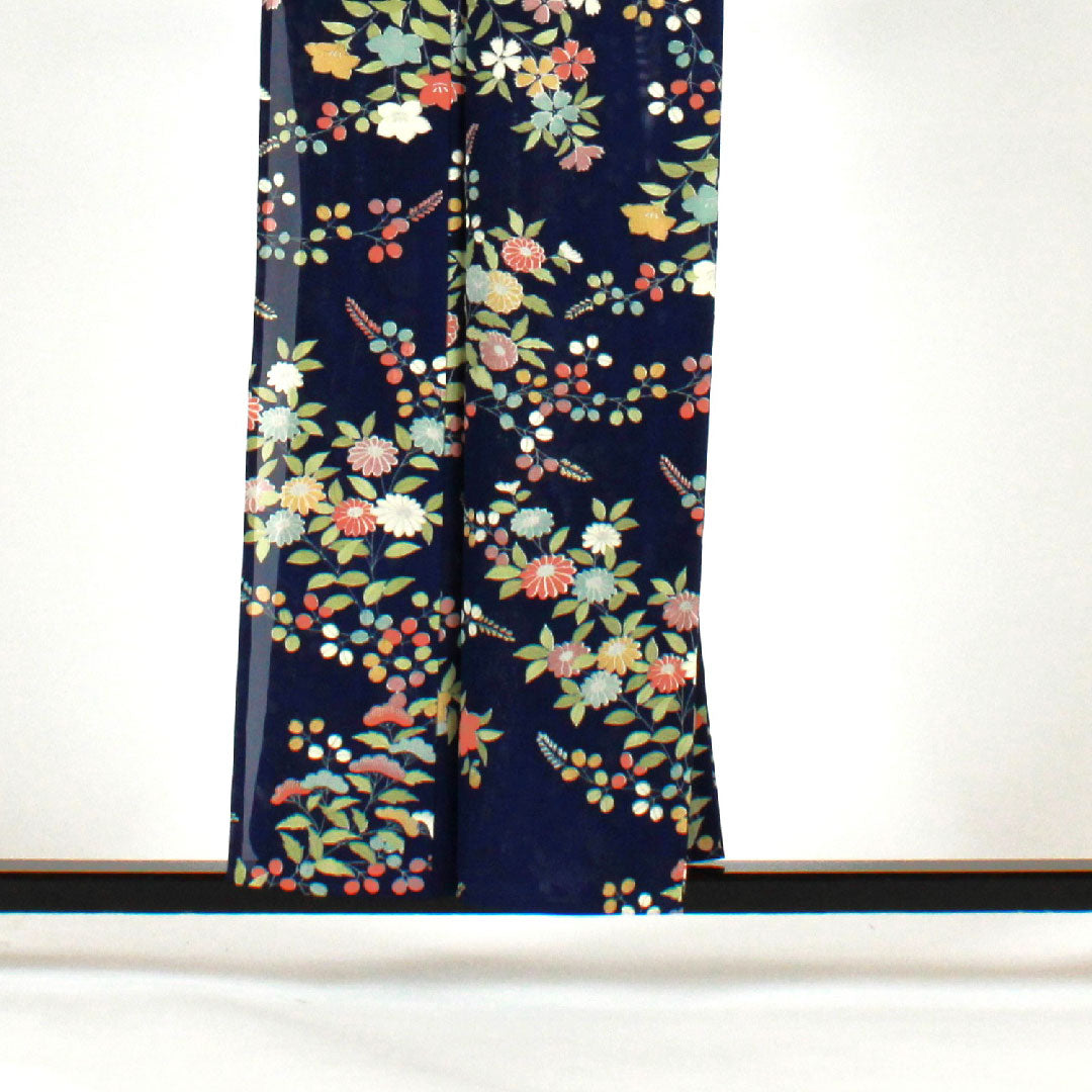 小紋 身丈159cm 裄丈62cm 絽 駒絽 花模様 正絹 Aランク 紺系 1115000743318