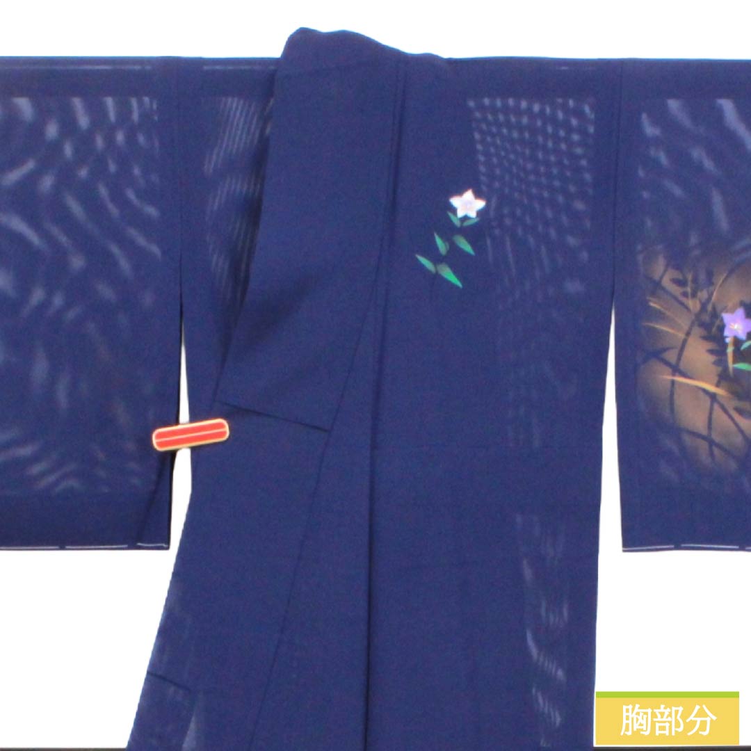 夏物 正絹 訪問着 Aランク 身丈158.5cm 裄丈62.5cm 濃桔梗色(こいききょういろ) 付下げ 秋草模様 蛍 絽 紺系 1132004703318