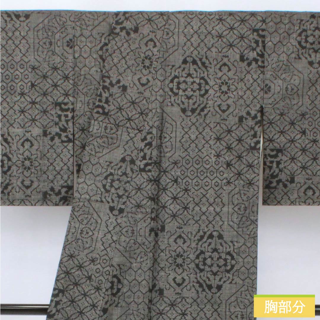 紬 正絹 Sランク 身丈158.5cm 裄丈63cm 大島紬 抽象模様 袷 黒系 1116004302310